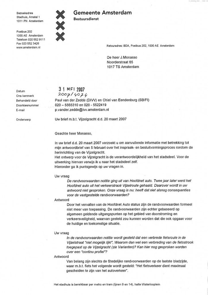 Post image for Vragen over inspraak- en besluitvormingsproces herinrichting Vijzelgracht