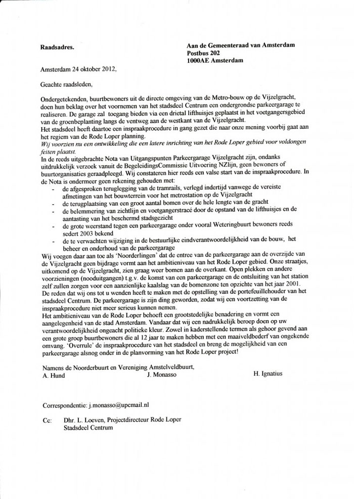 Post image for Ons raadsadres over de Rode loper / parkeergarage Vijzelgracht